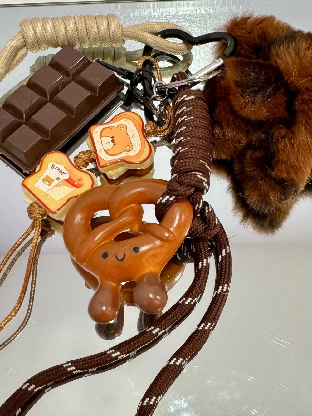 New Brown Pretzel Charm Keychain with Plush Accent